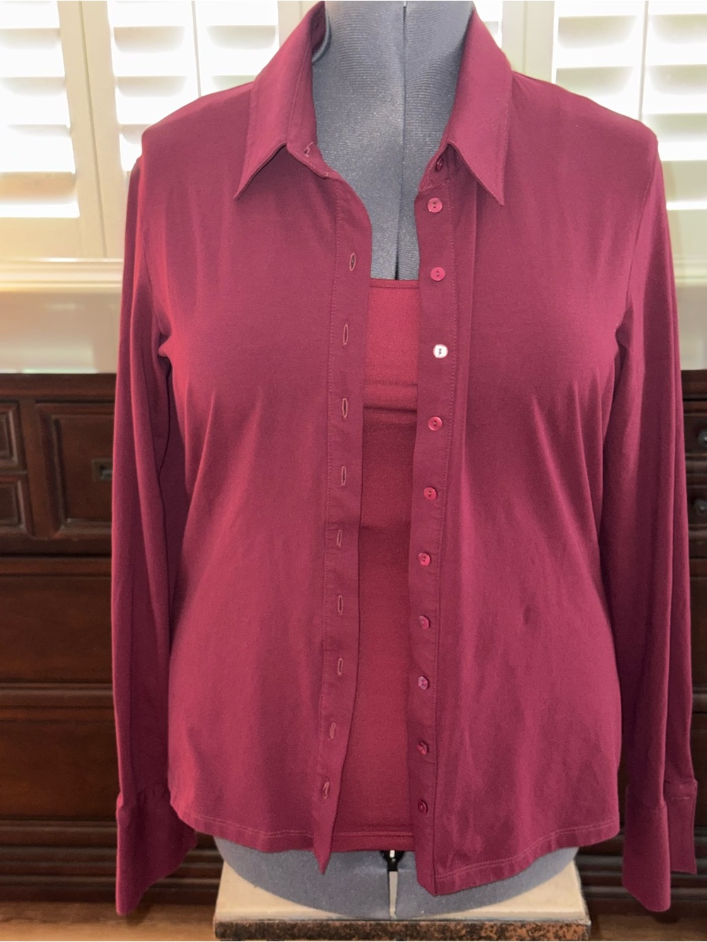 Anne Fontaine Wine Button-Down Shirt with Matching Tank